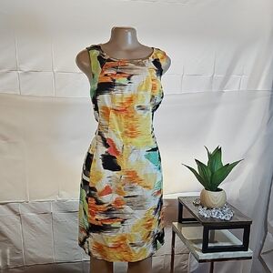 Calvin Klein Yellow and Black Abstract Midi Dress